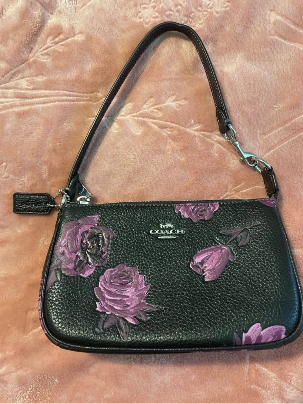 Gorgeous Coach Black Leather Wristlet / Purse with Purple Rose Motif VGUC!!